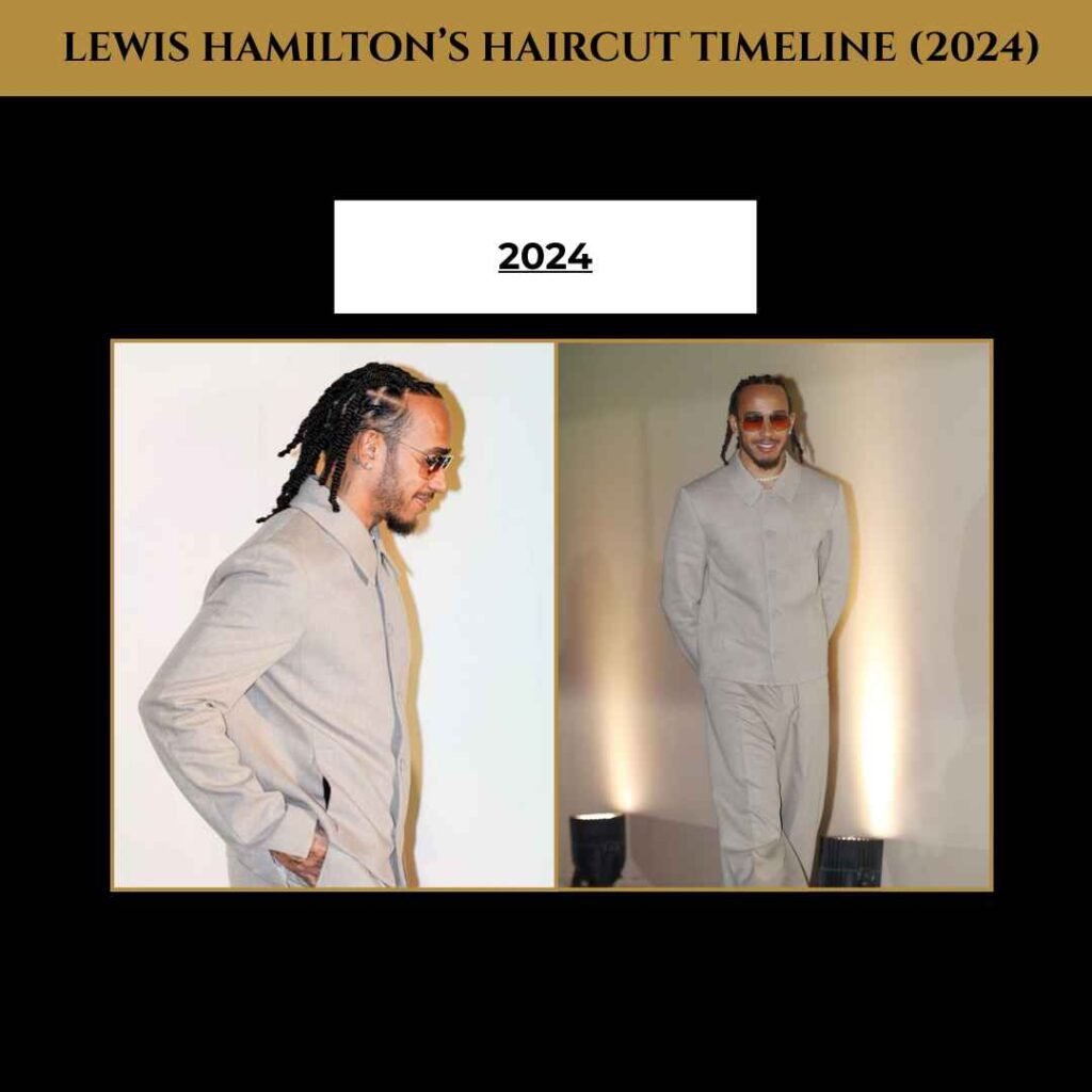 lewis-hamilton-haircut-timeline (2024) Lewis Hamilton wearing tied-back twists hairstyle in 2024, dressed in a light beige suit at an event.