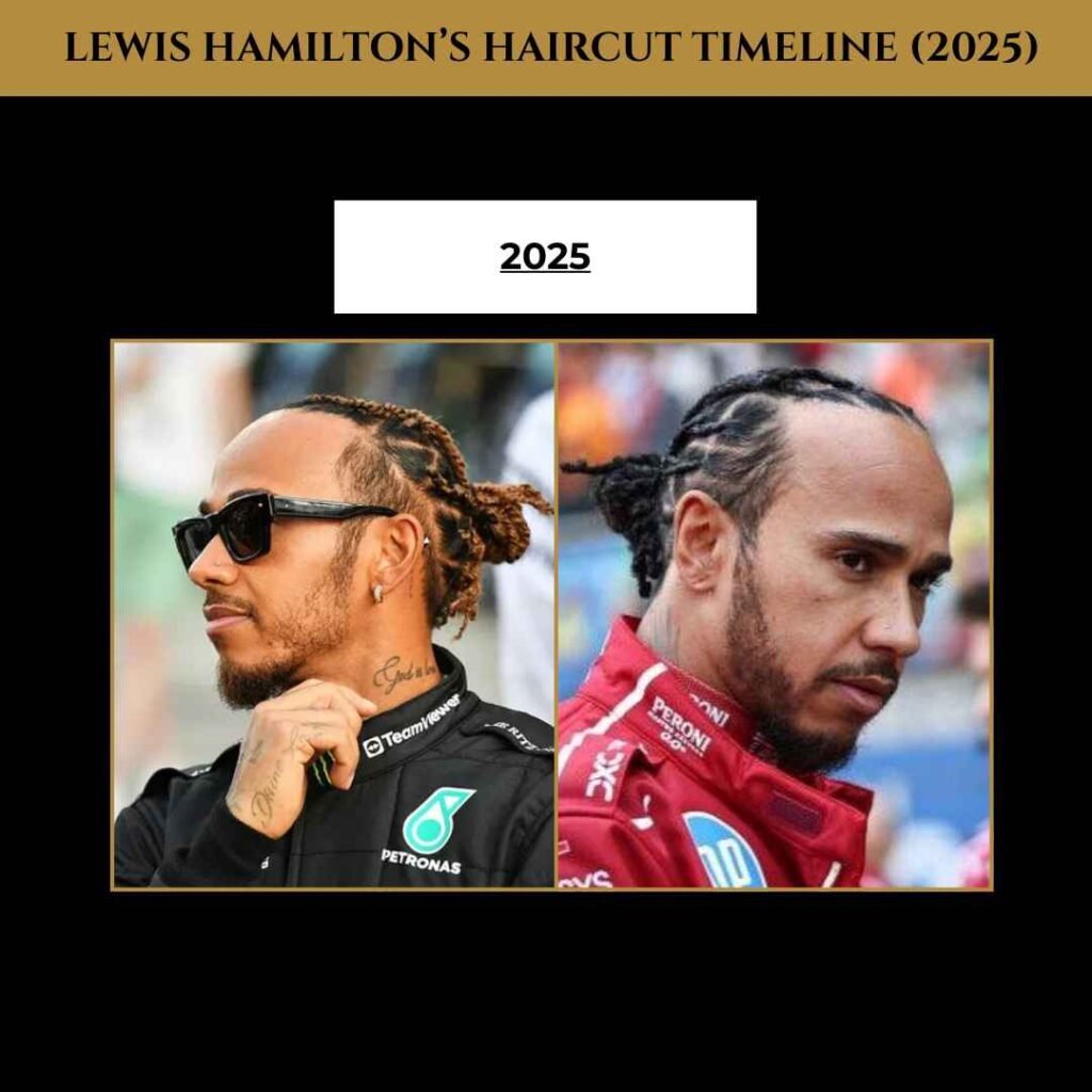 Lewis Hamilton Haircut Timeline (2025) Lewis Hamilton’s 2025 haircut styles, showing his brown box braids tied back on the left and his black braids on the right.