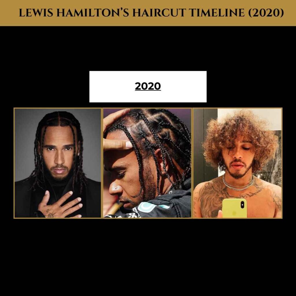 lewis-hamilton-haircut-timeline_11 Lewis Hamilton’s hairstyle timeline in 2020 showing three looks: long twists, box braids with square parts, and natural curly hair.