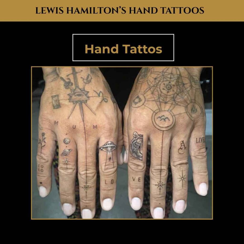 Lewis Hamilton Hand Tattoos Close-up of Lewis Hamilton’s hand tattoos showing multiple symbolic designs across fingers and knuckles.