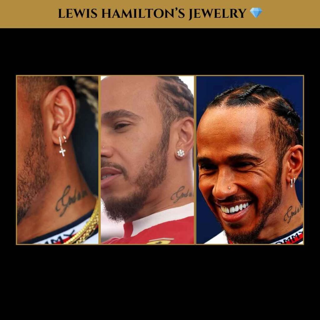 lewis-hamilton-jewelry-guide_13_11zon Lewis Hamilton’s jewelry collection featuring cross hoop, diamond stud, and silver hoop earrings.