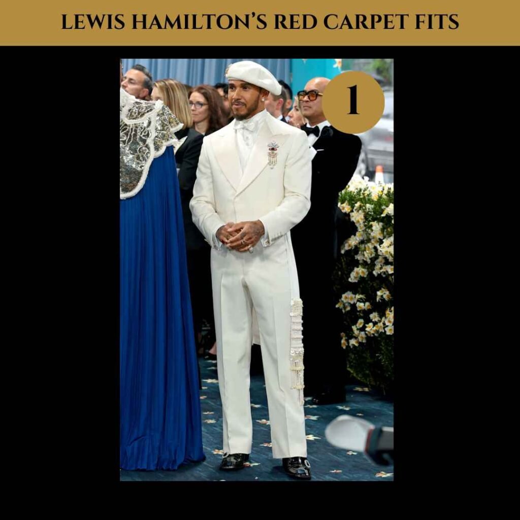 Lewis Hamilton red carpet fits (1) Lewis Hamilton in an all-white double-breasted suit with a silk shirt and beret at the 2025 Met Gala, styled with pearls, chain details, and black loafers.
