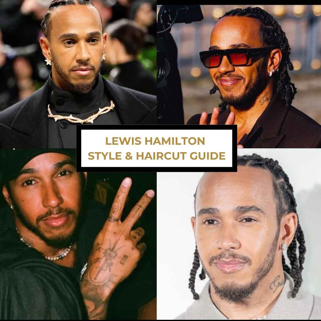 Lewis Hamilton Style & Haircut Guide cover collage featuring his braids, tuxedo looks, jewelry, and casual outfits.