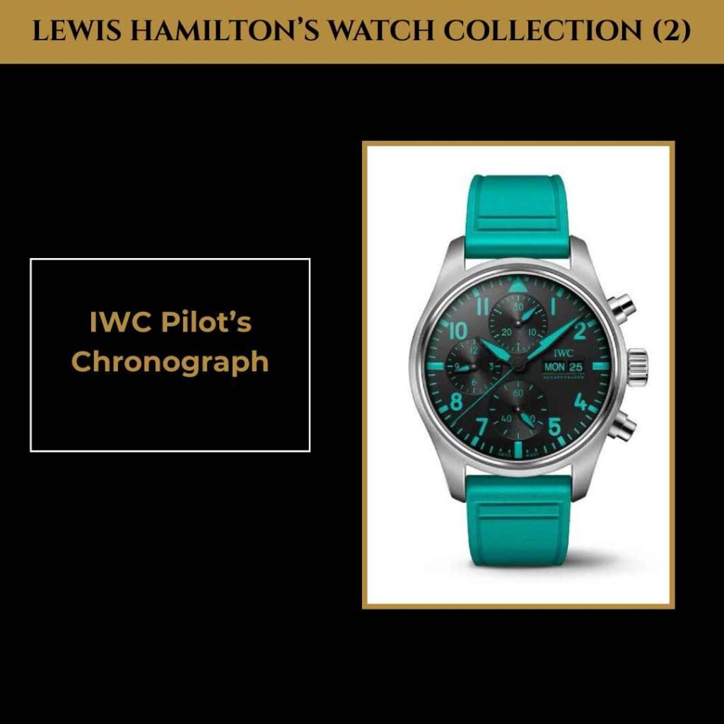 lewis-hamilton-watches-guide (2) Lewis Hamilton’s IWC Pilot’s Chronograph watch with teal strap, part of his luxury collection.
