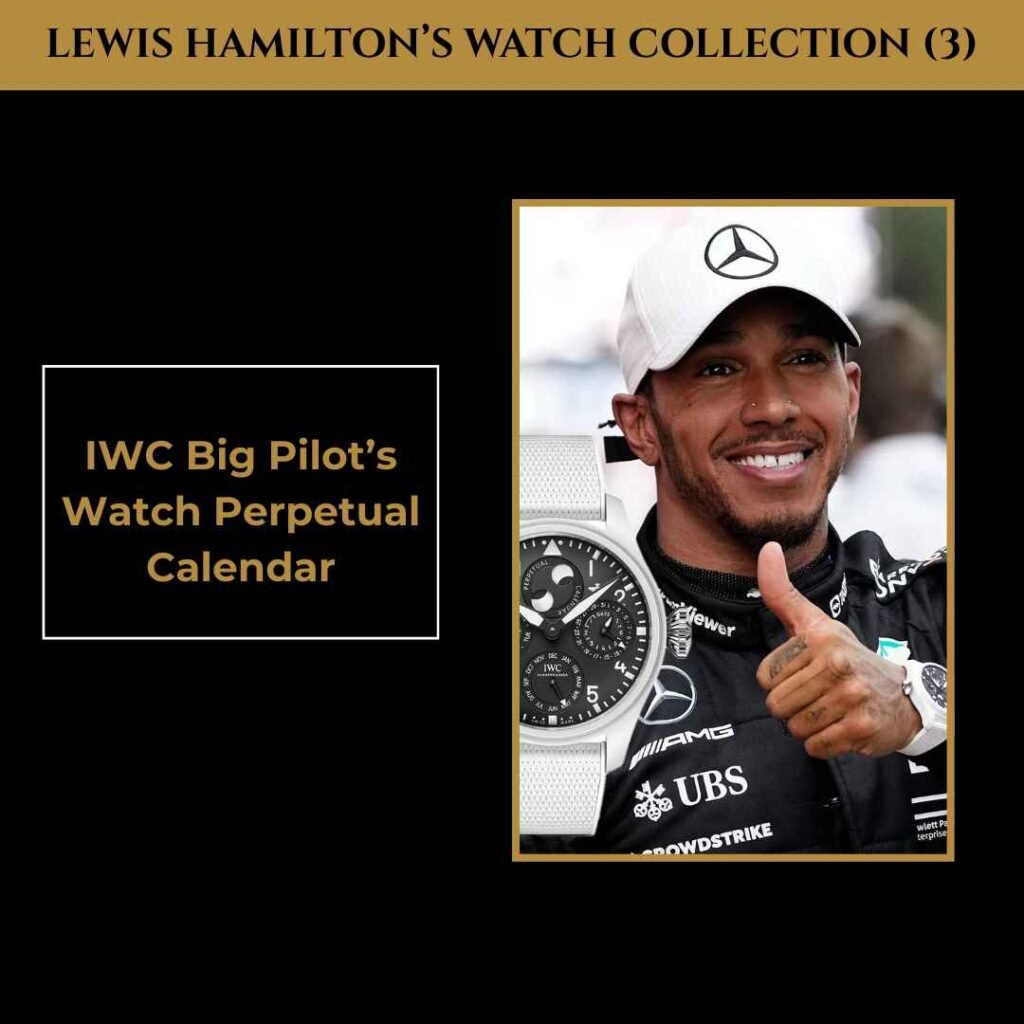 lewis-hamilton-watches-guide (3) Lewis Hamilton wearing an IWC Big Pilot’s Watch Perpetual Calendar, smiling and showing a thumbs up in his racing gear.