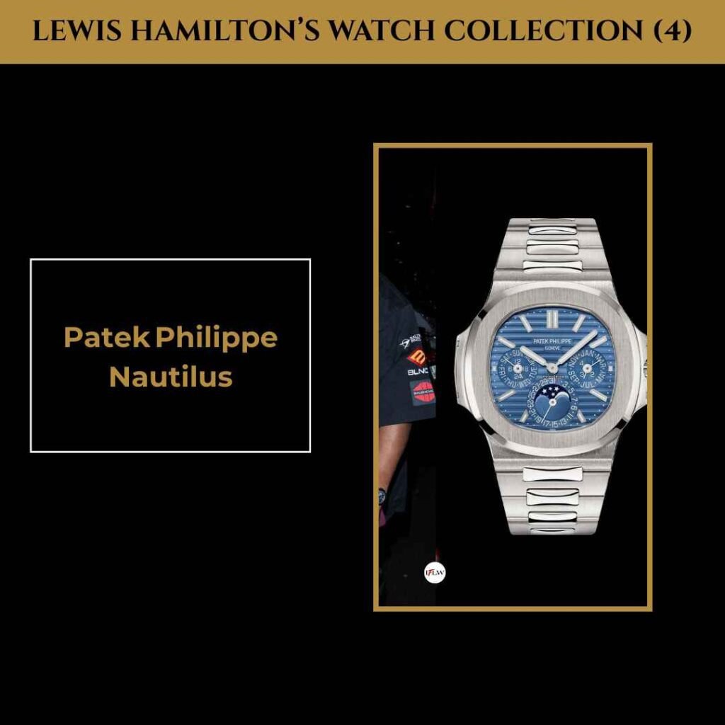 Lewis Hamilton Patek Philippe Nautilus Watch Lewis Hamilton’s Patek Philippe Nautilus watch in silver with a blue dial, part of his luxury timepiece collection.