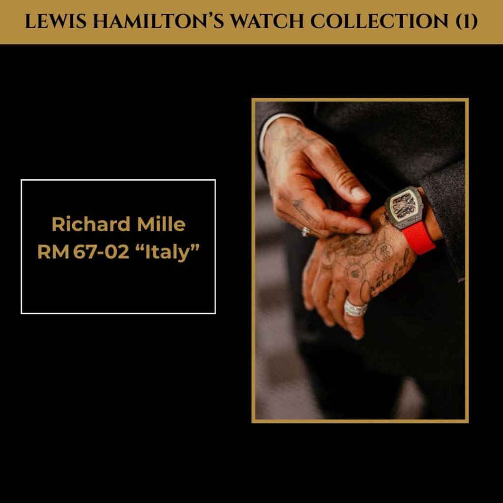 lewis-hamilton-watches-guide_22 Close-up of Lewis Hamilton’s wrist showing the Richard Mille RM 67-02 “Italy” watch with red strap.