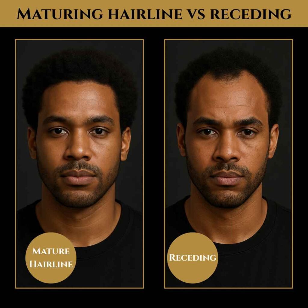 Mature Hairline vs Receding Hairline Comparison Side-by-side comparison of a mature hairline versus a receding hairline on a Black man, showing the difference between natural maturation and balding.