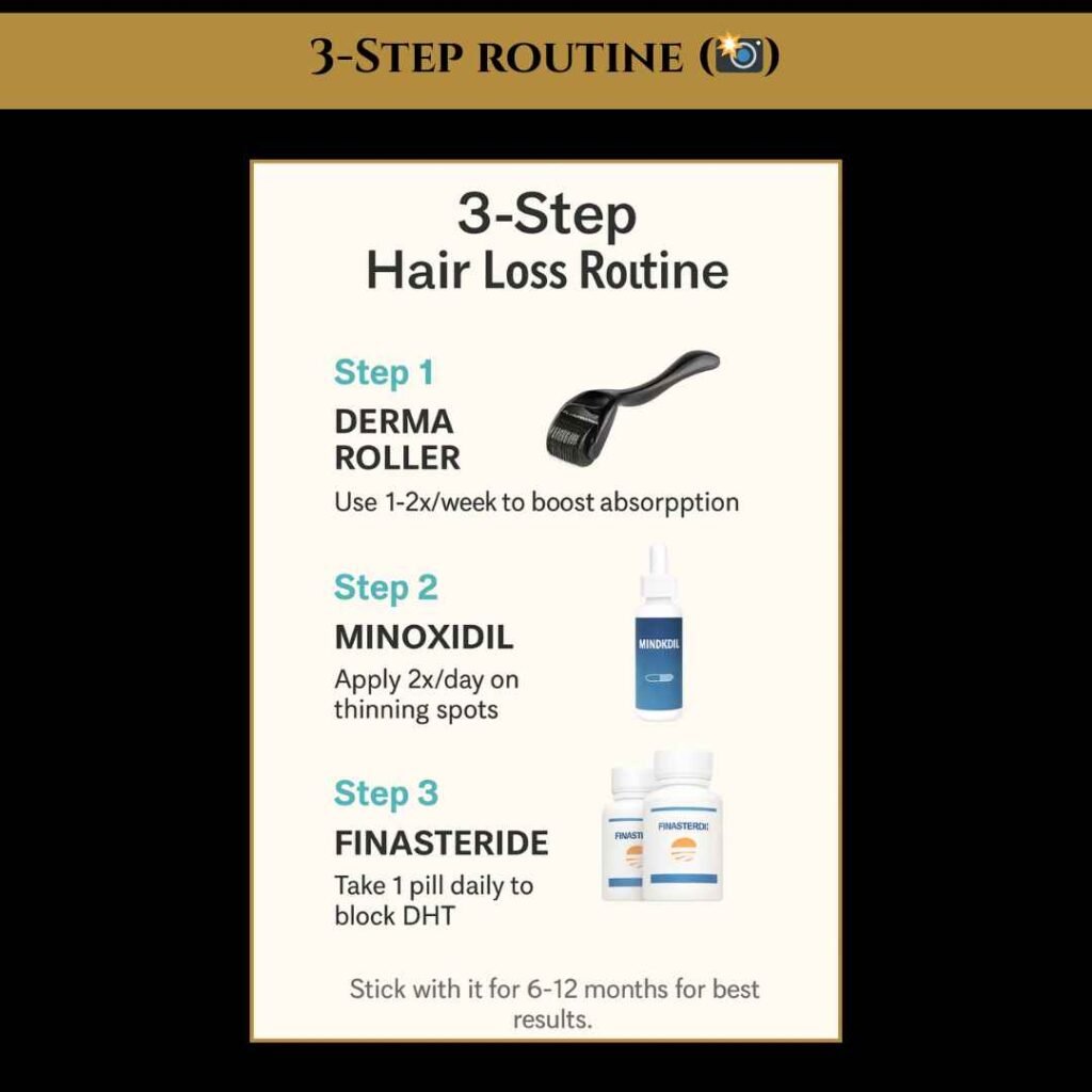 3-Step Hair Loss Routine: Derma Roller, Minoxidil & Finasteride 3-step hair loss routine infographic showing derma roller, minoxidil, and finasteride with usage instructions.”