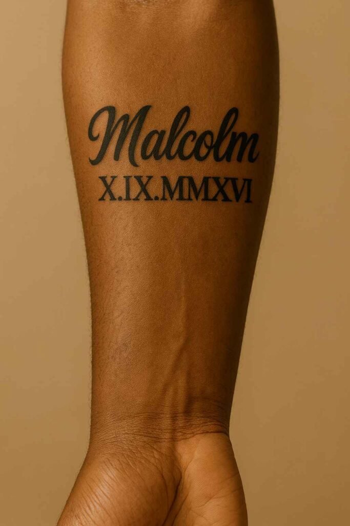 Name and date forearm tattoo idea for Black men Black man’s forearm with name and date tattoo in clean script font