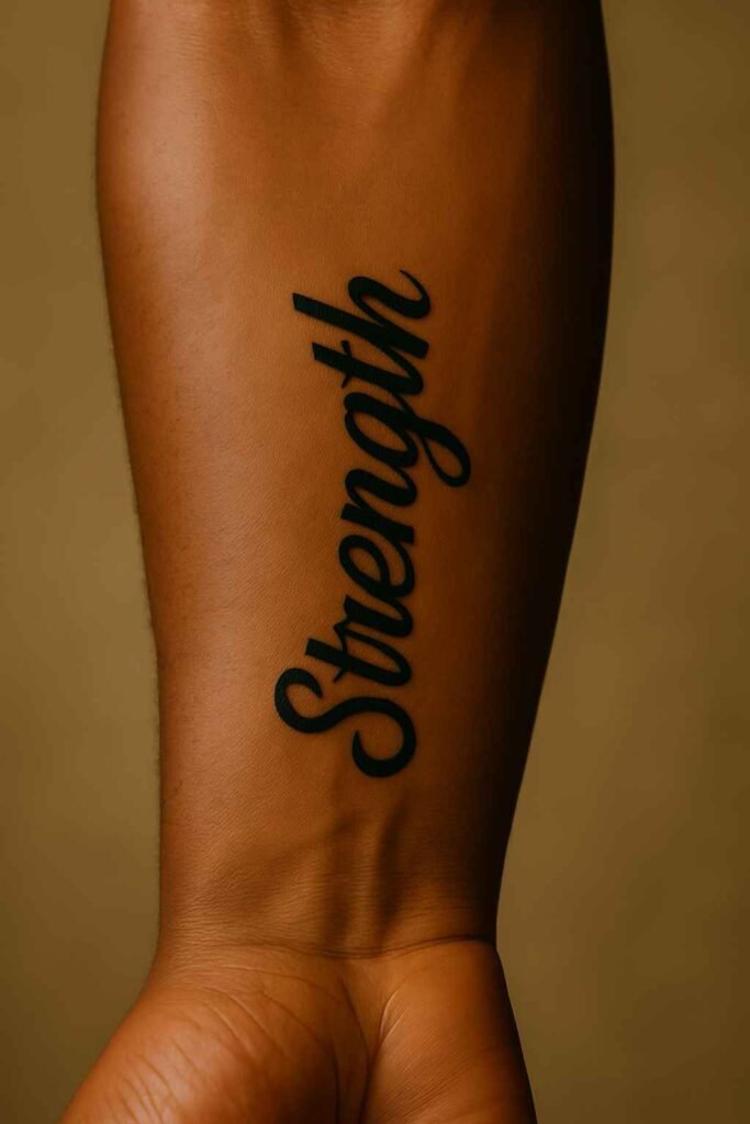 One word statement tattoo idea for Black men Black man’s forearm with bold one-word tattoo in black ink