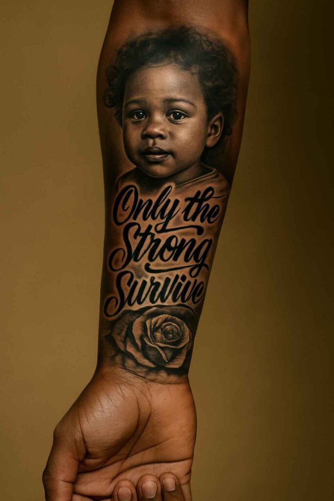 Only the Strong Survive forearm tattoo for Black men Black man’s forearm tattoo with “Only The Strong Survive” lettering
