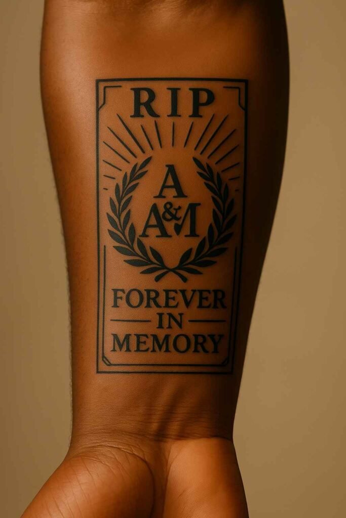 Memorial forearm tattoo for Black men Black man’s forearm tattoo with memorial date and symbolic design