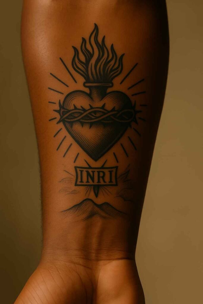 Sacred Heart with INRI forearm tattoo for Black men Black man’s forearm tattoo of sacred heart with INRI above it