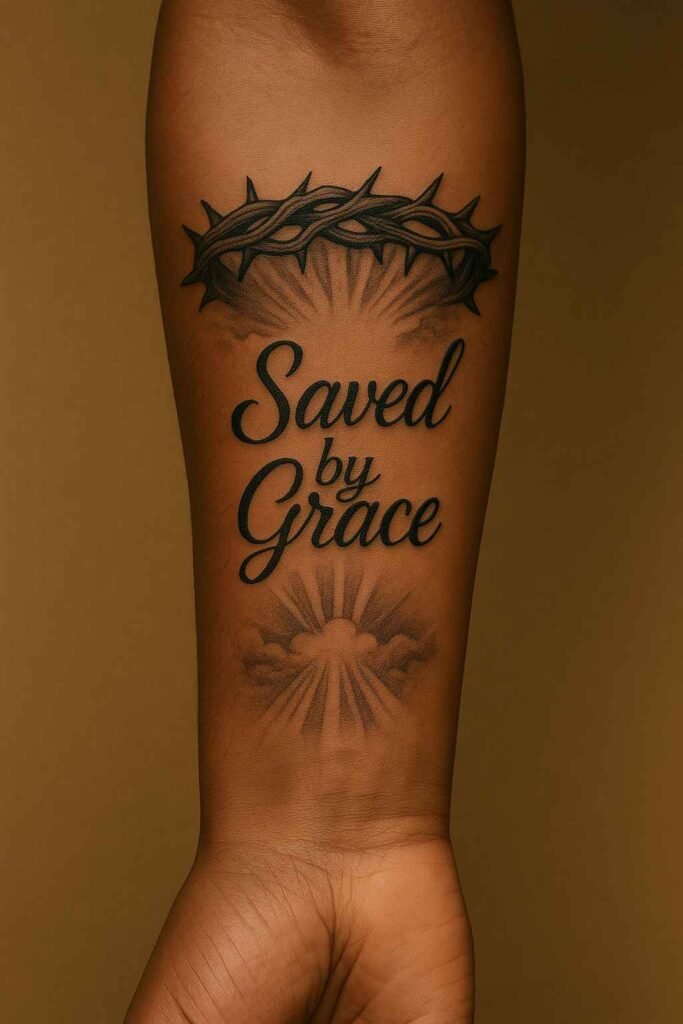 Saved by Grace forearm tattoo for Black men Black man’s forearm tattoo with “Saved by Grace” script and cross design
