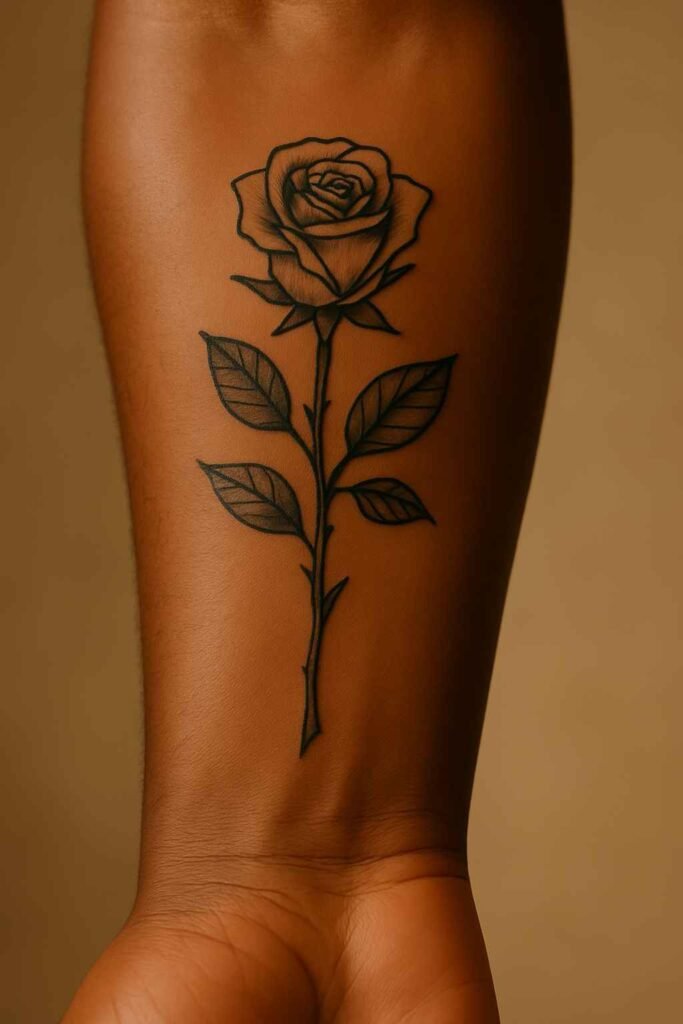 Single rose forearm tattoo for Black men Black man’s forearm tattoo of a single rose with shading
