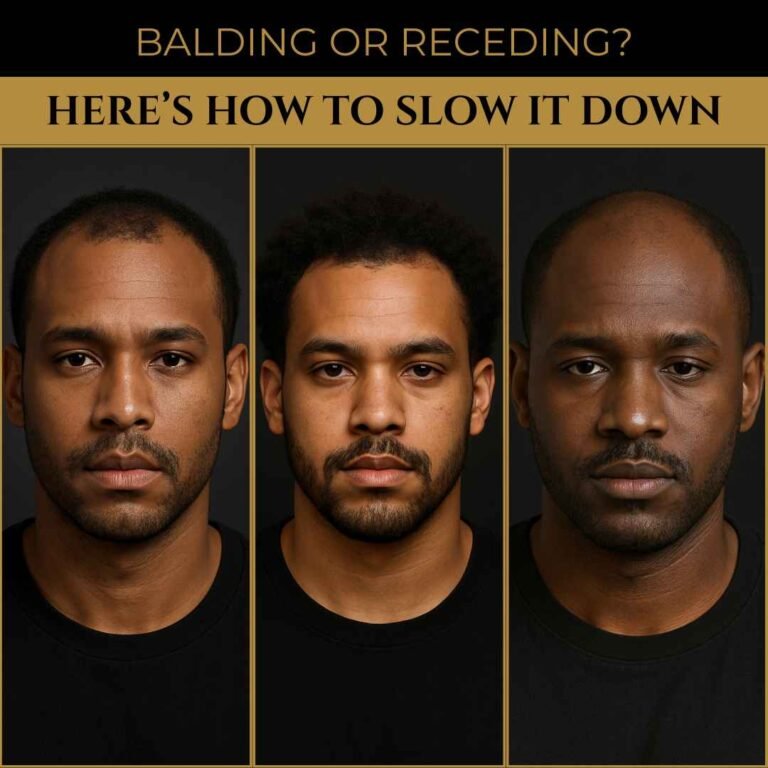 Three Black men showing different stages of a receding hairline and balding, with text overlay that says “Balding or Receding? Here’s How to Slow It Down.”