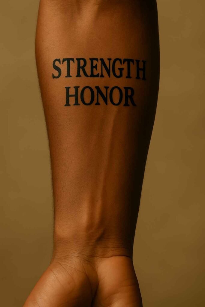 Split text forearm tattoo for Black men Black man’s forearm tattoo with split text design running along the arm