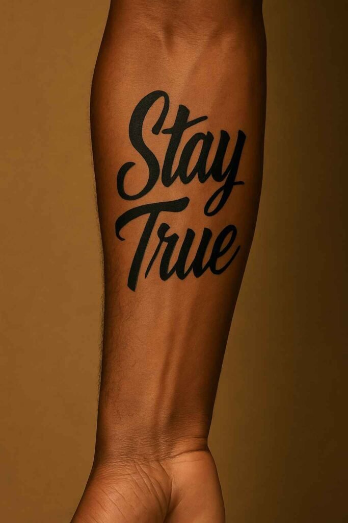 Stay True forearm tattoo for Black men Black man’s forearm tattoo with “Stay True” in elegant cursive