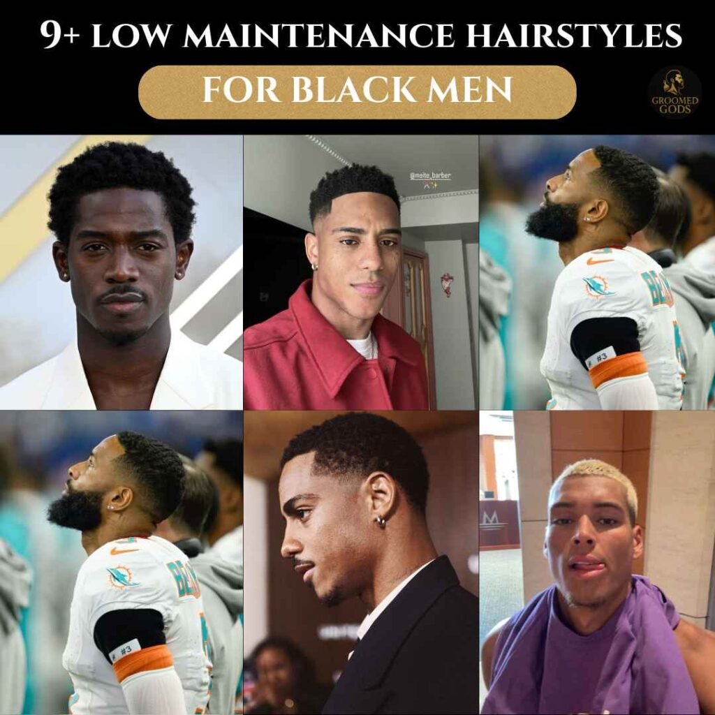 Collage of low maintenance hairstyles for Black men, including fades, curls, buzz cuts, and bald styles.