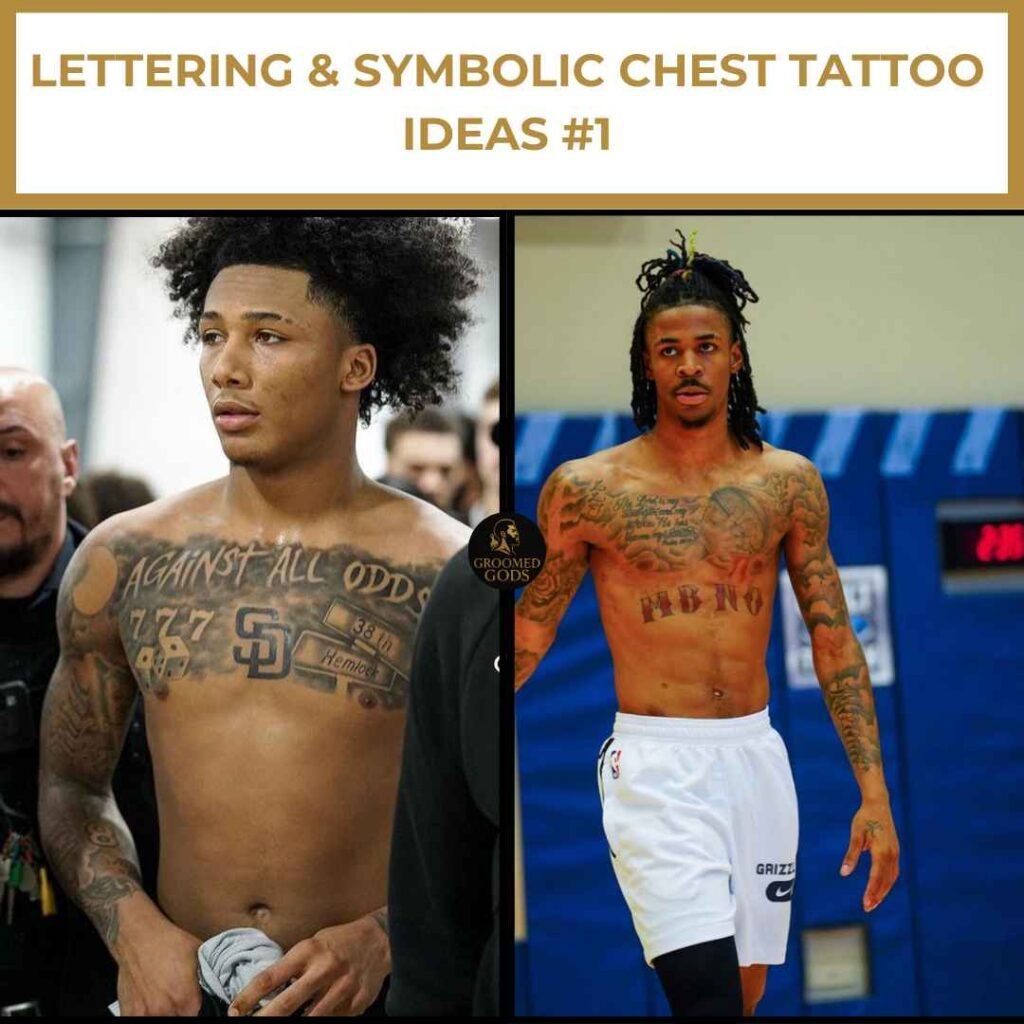 Lettering & Symbolic Chest Tattoo Ideas #1 Black men with lettering and symbolic chest tattoos featuring bold script and meaningful designs.