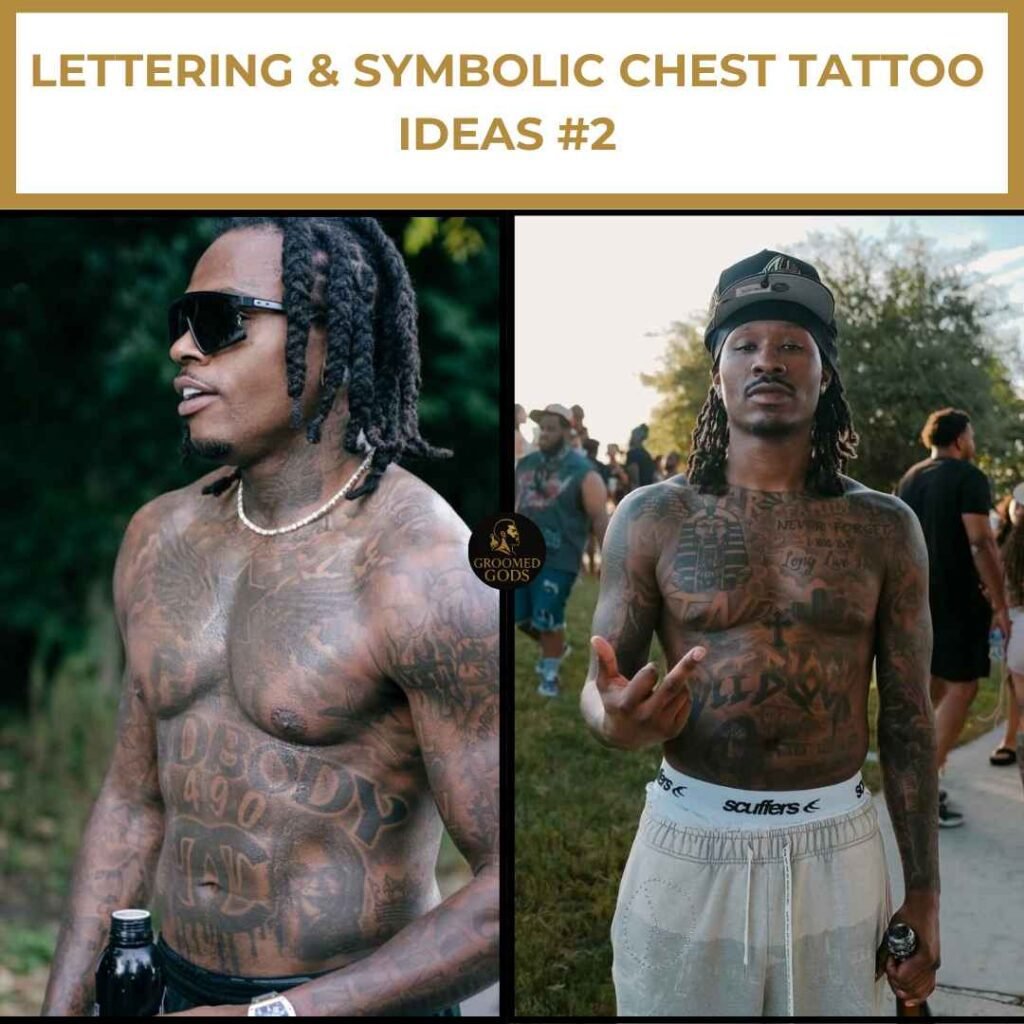 Lettering & Symbolic Chest Tattoo Ideas for Black Men Black men with lettering and symbolic chest tattoos featuring bold script, numbers, and detailed designs.