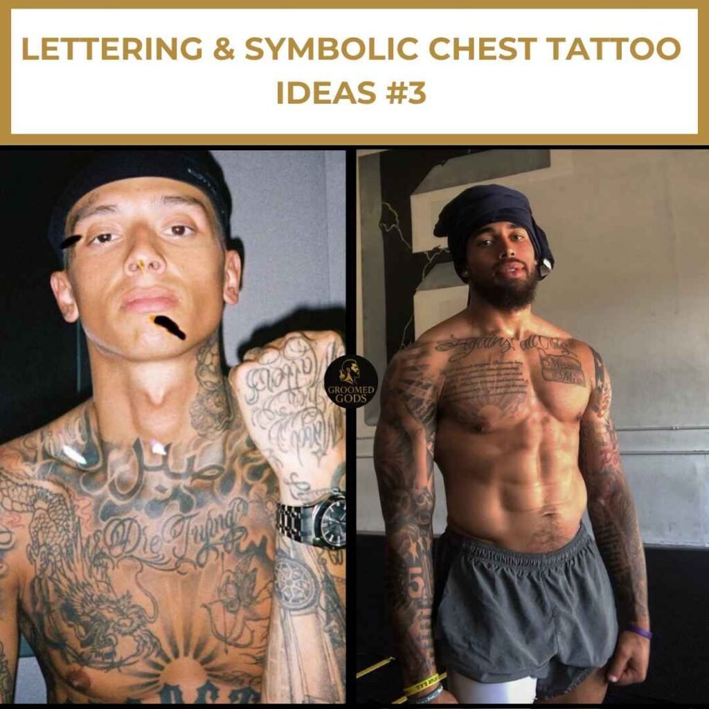 Lettering & Symbolic Chest Tattoo Ideas #3 Black men with lettering and symbolic chest tattoos featuring bold script, religious, and artistic designs.