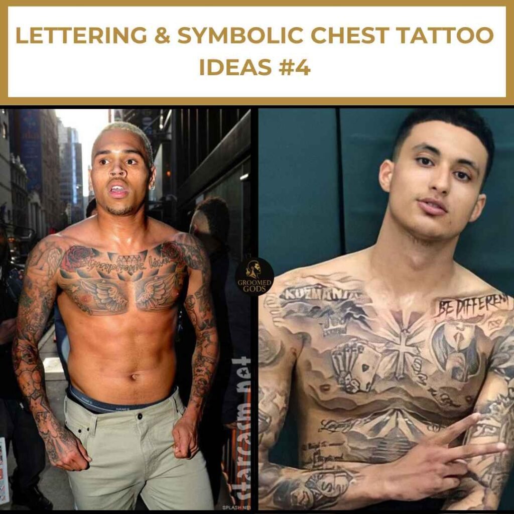 Lettering & Symbolic Chest Tattoo Ideas #4 Black men with symbolic and lettering chest tattoos featuring script, roses, and detailed art designs.