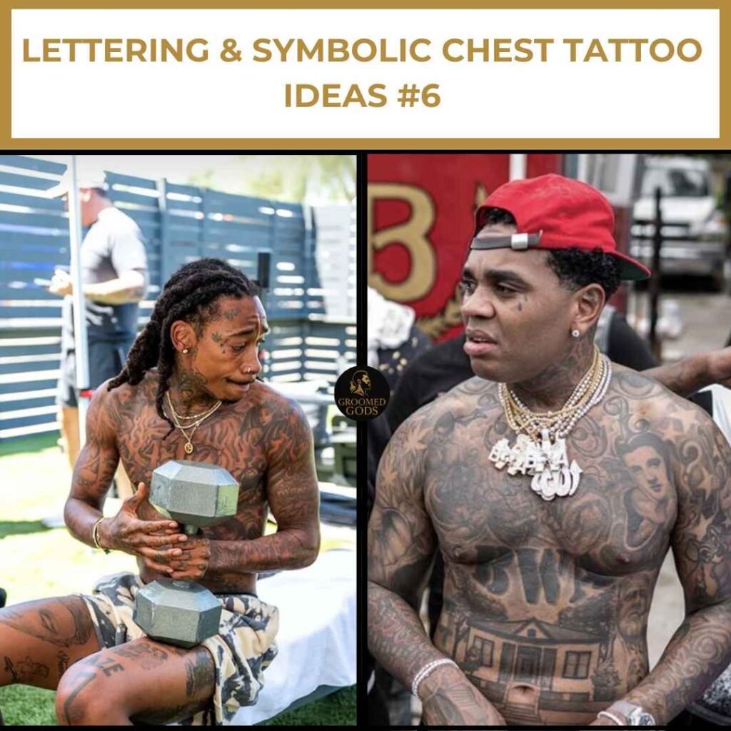 Lettering & Symbolic Chest Tattoo Ideas #6 Wiz Khalifa with flame chest tattoo design and Kevin Gates with portrait and script chest tattoos.