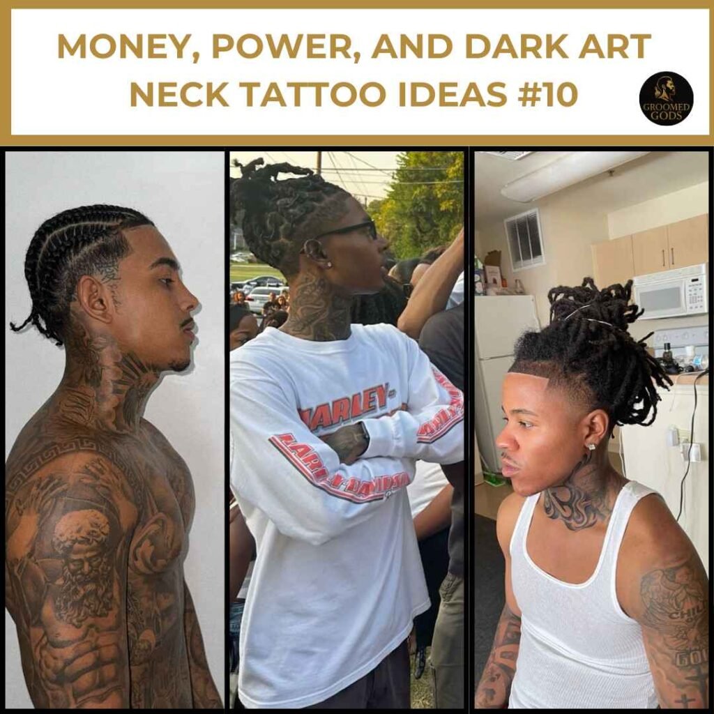 Money, Power, and Dark Art Neck Tattoo Ideas #10 Black men with money, power, and dark art neck tattoos – detailed chest tattoo, side-neck ink, and streetwear style