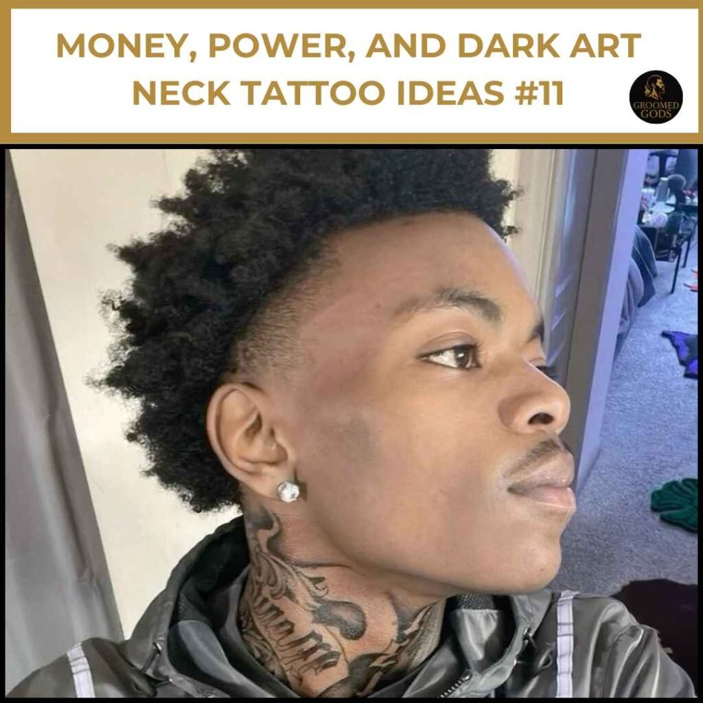 Money, Power, and Dark Art Neck Tattoo Ideas #11 Black man with a bold side-neck tattoo featuring money and dark art design, representing strength and power.