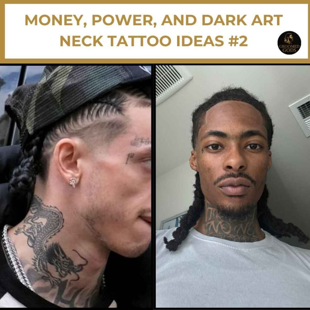 Money, Power, and Dark Art Neck Tattoo Ideas for Black Men #2 Two Black men with detailed neck tattoos — one features a dragon tattoo wrapping around the side of the neck, and the other has a bold “Trust No One” script tattoo on the front of the neck.