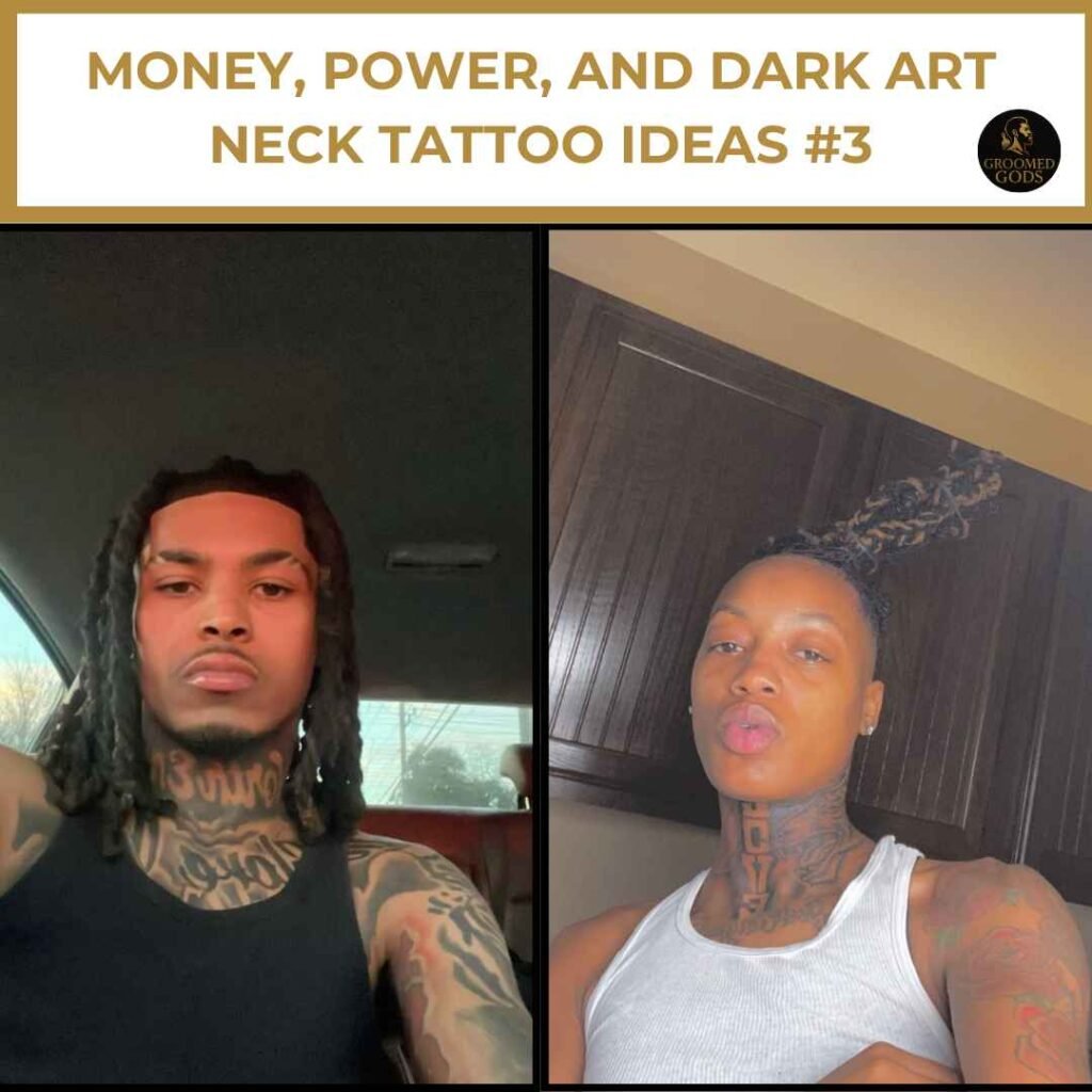 Money, Power, and Dark Art Neck Tattoo Ideas for Black Men #3 Black men with bold neck tattoos featuring script and dark art designs – Money, Power, and Dark Art Neck Tattoo Ideas #3