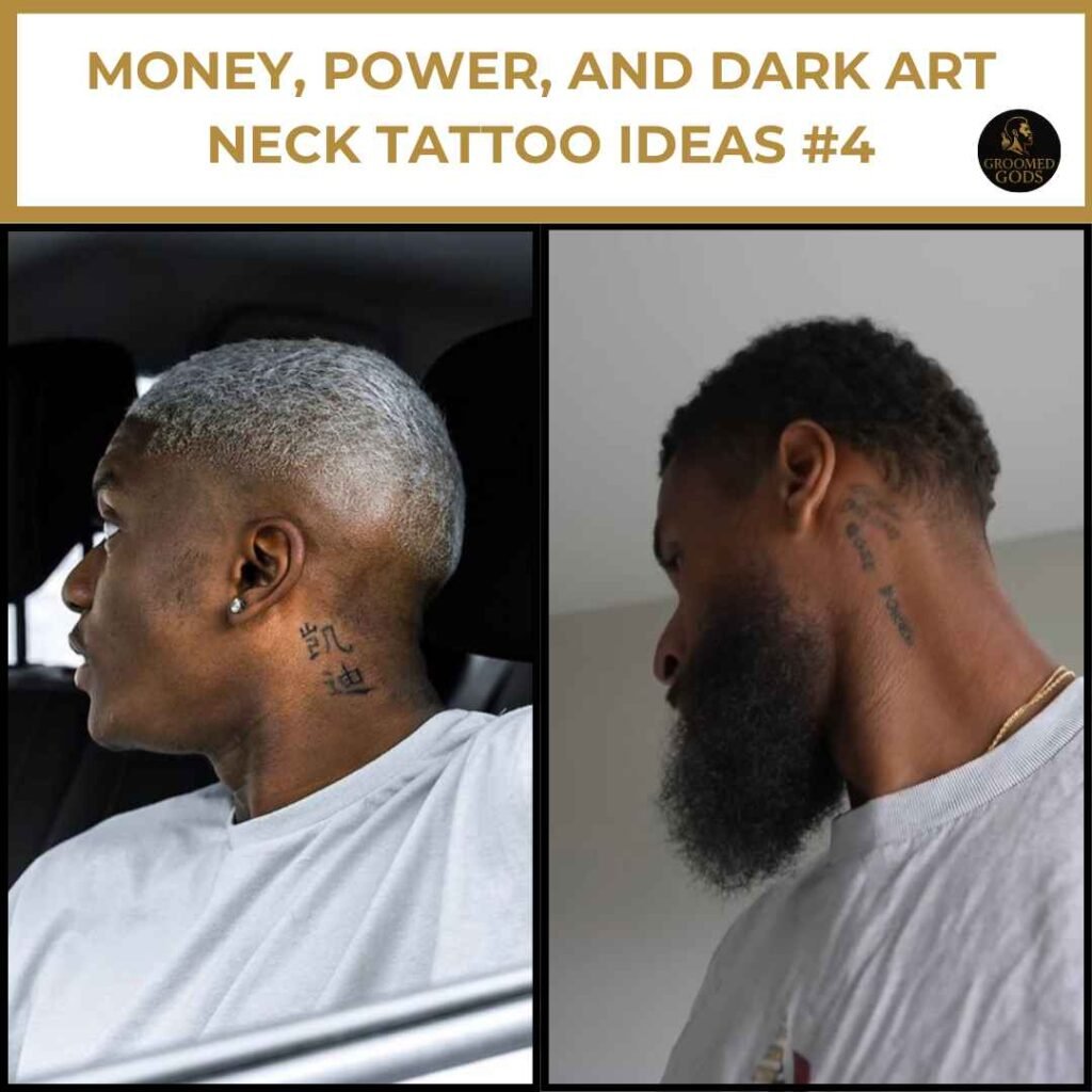 Money, Power, and Dark Art Neck Tattoos for Black Men #4 Black men with script-style neck tattoos under the money, power, and dark art tattoo category.