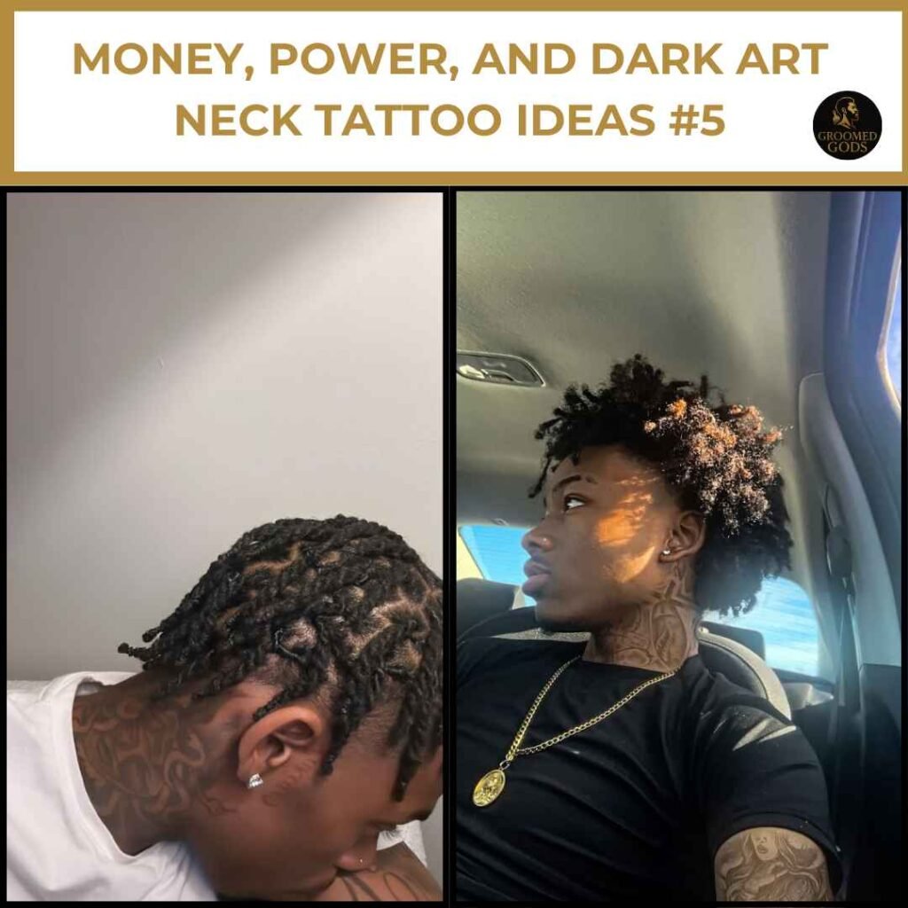 Money, Power, and Dark Art Neck Tattoo Ideas #5 Two Black men showing off neck tattoos with bold money, power, and dark art designs — one with twisted braids and script ink on the side of the neck, the other with a lion tattoo and arm sleeve while sitting in a car.
