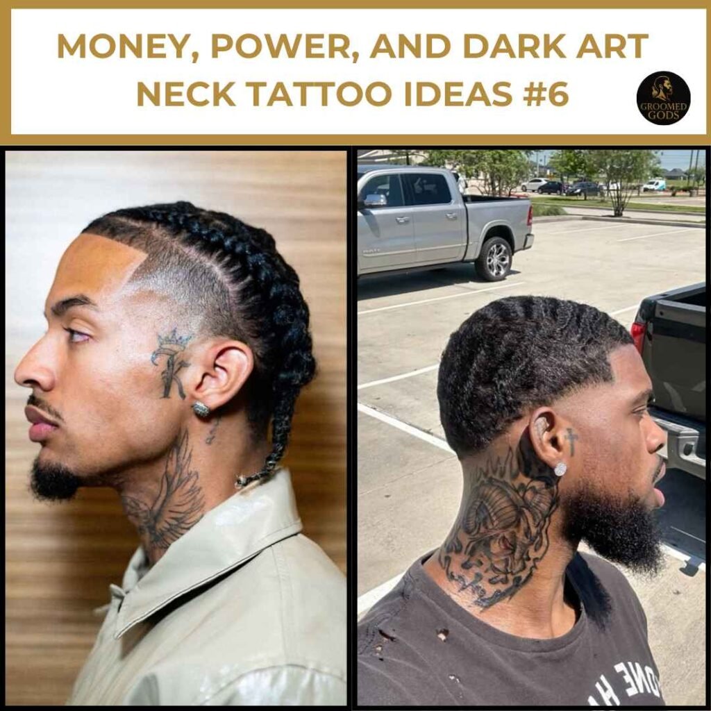 Money, Power, and Dark Art Neck Tattoo Ideas #6 (Black Men) Two Black men with bold neck tattoos — one with a braided hairstyle and side-neck script tattoo, the other with a darker shaded neck tattoo. Part of a guide on money, power, and dark art neck tattoo ideas for Black men.