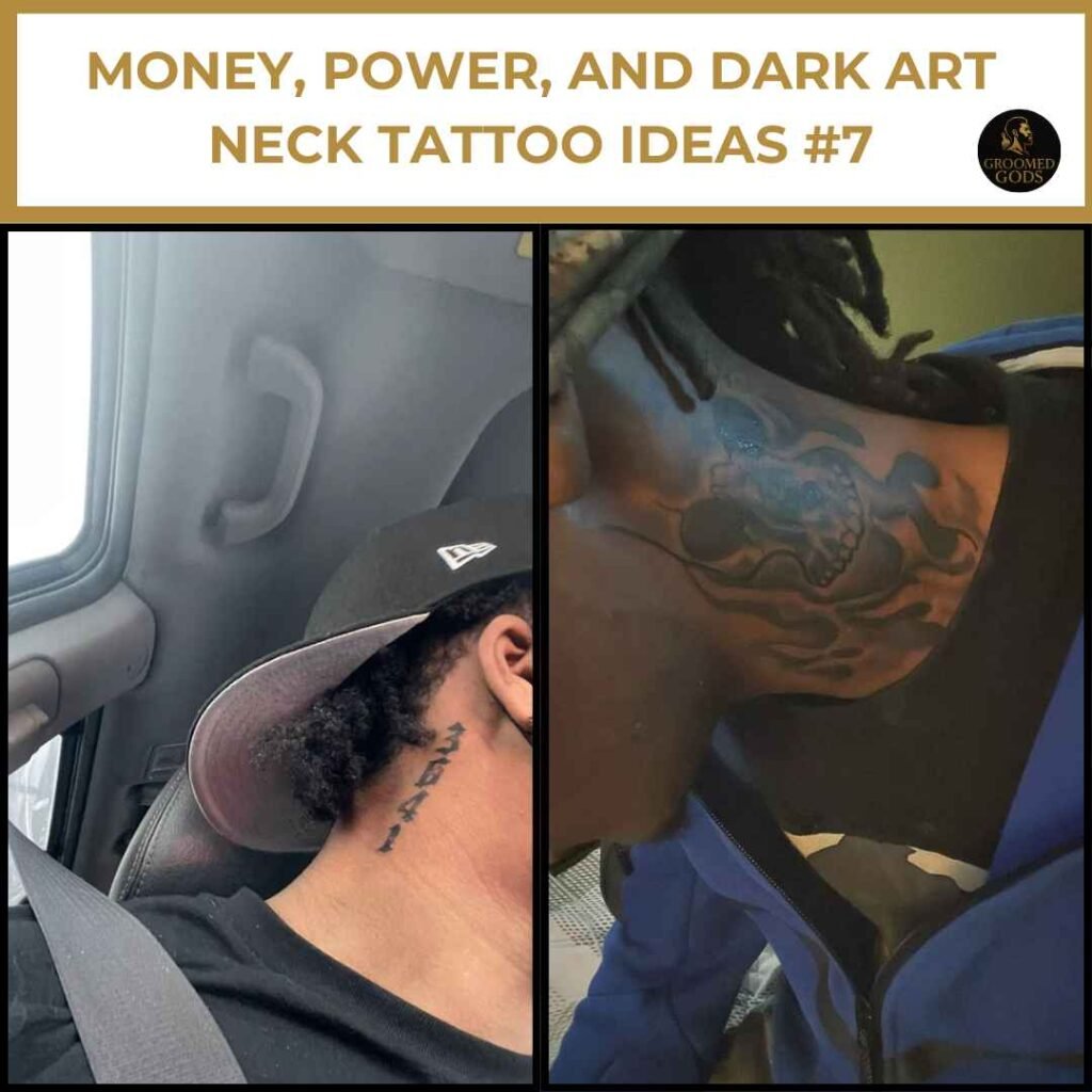 Money, Power, and Dark Art Neck Tattoo Ideas #7 (Black Men) Two Black men showing neck tattoos with dark and symbolic designs — one with script lettering on the side of the neck, the other with a detailed dark art tattoo on the back of the neck.