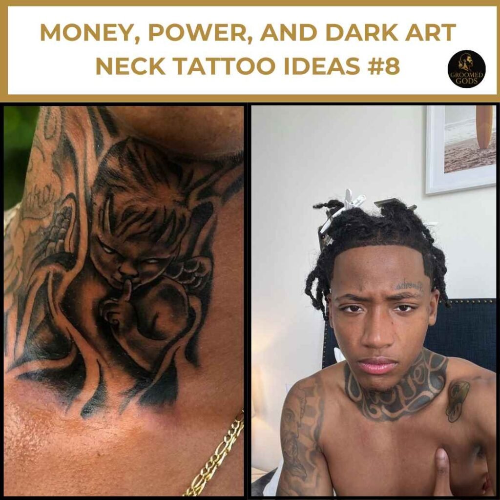 Money, Power, and Dark Art Neck Tattoo Ideas #8 Close-up of a baby-themed neck tattoo on Black skin and a young Black man with a chest and neck tattoo, part of dark art neck tattoo ideas.