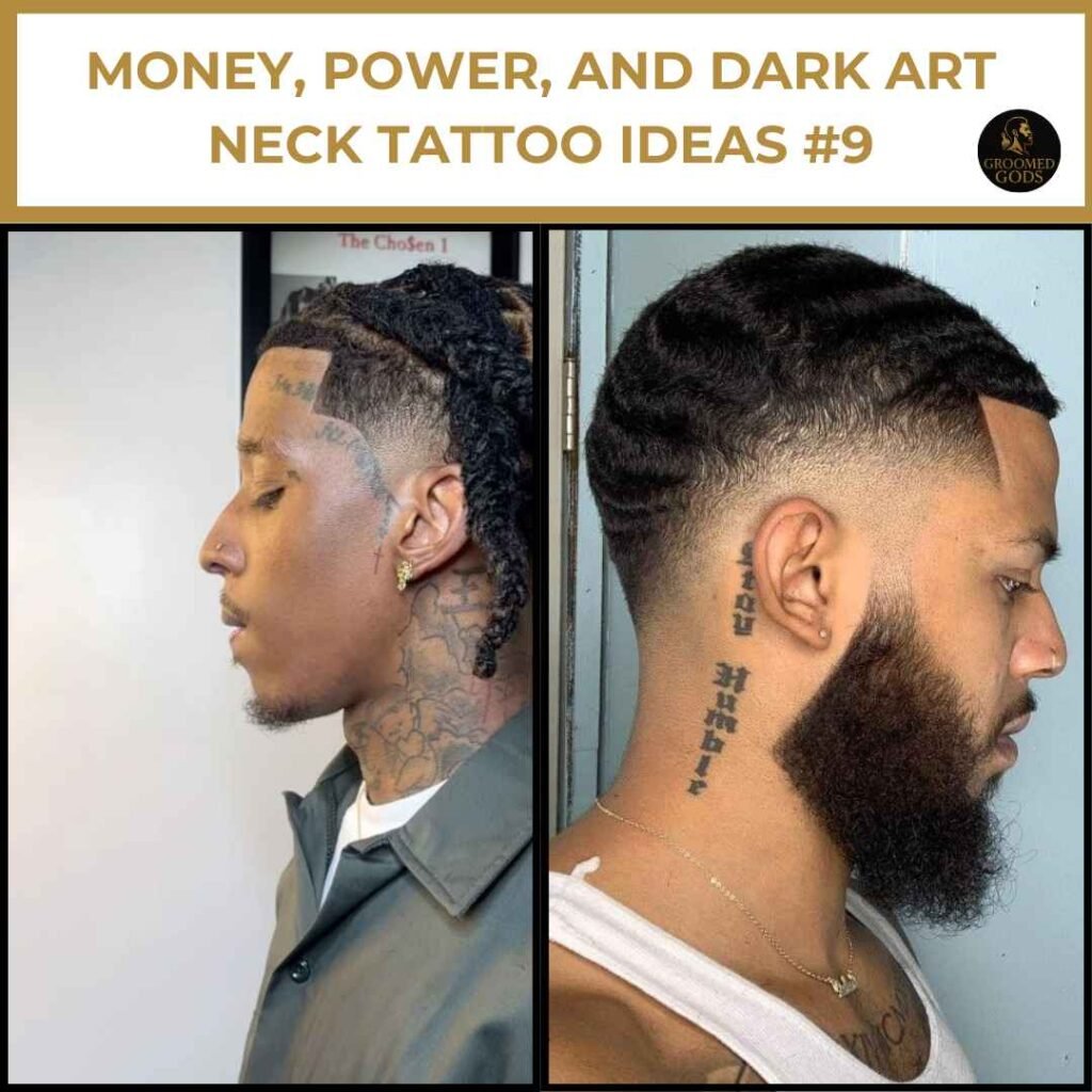 Money, Power, and Dark Art Neck Tattoo Ideas #9 for Black Men Side-by-side images of Black men with bold neck tattoos — one featuring detailed script and shading, the other with block-style lettering running down the neck.