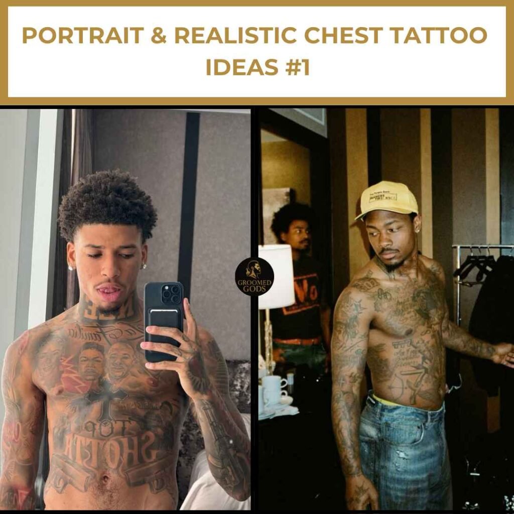 Portrait & Realistic Chest Tattoo Ideas #1 NLE Choppa with portrait and script chest tattoos, next to Stefon Diggs showing realistic chest art with basketball details.