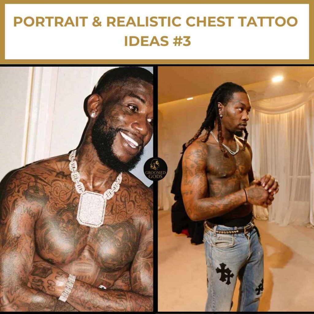 Portrait & Realistic Chest Tattoo Ideas #3 Gucci Mane showing portrait chest tattoos next to Offset with detailed realistic chest ink.