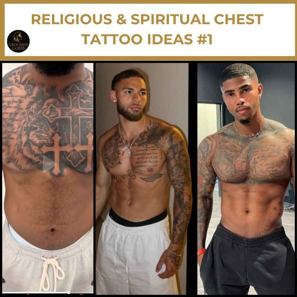 Religious & Spiritual Chest Tattoo Ideas #1 Men with religious and spiritual chest tattoos featuring crosses and scripture designs.