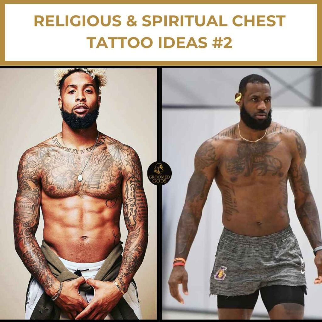 Religious & Spiritual Chest Tattoo Ideas #2 Odell Beckham Jr. and LeBron James showing religious and spiritual chest tattoos with crosses and script designs.