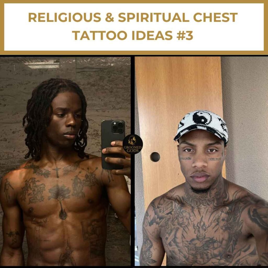 Religious & Spiritual Chest Tattoo Ideas #3 Rema and another man showing religious and spiritual chest tattoos with cross and symbolic designs.