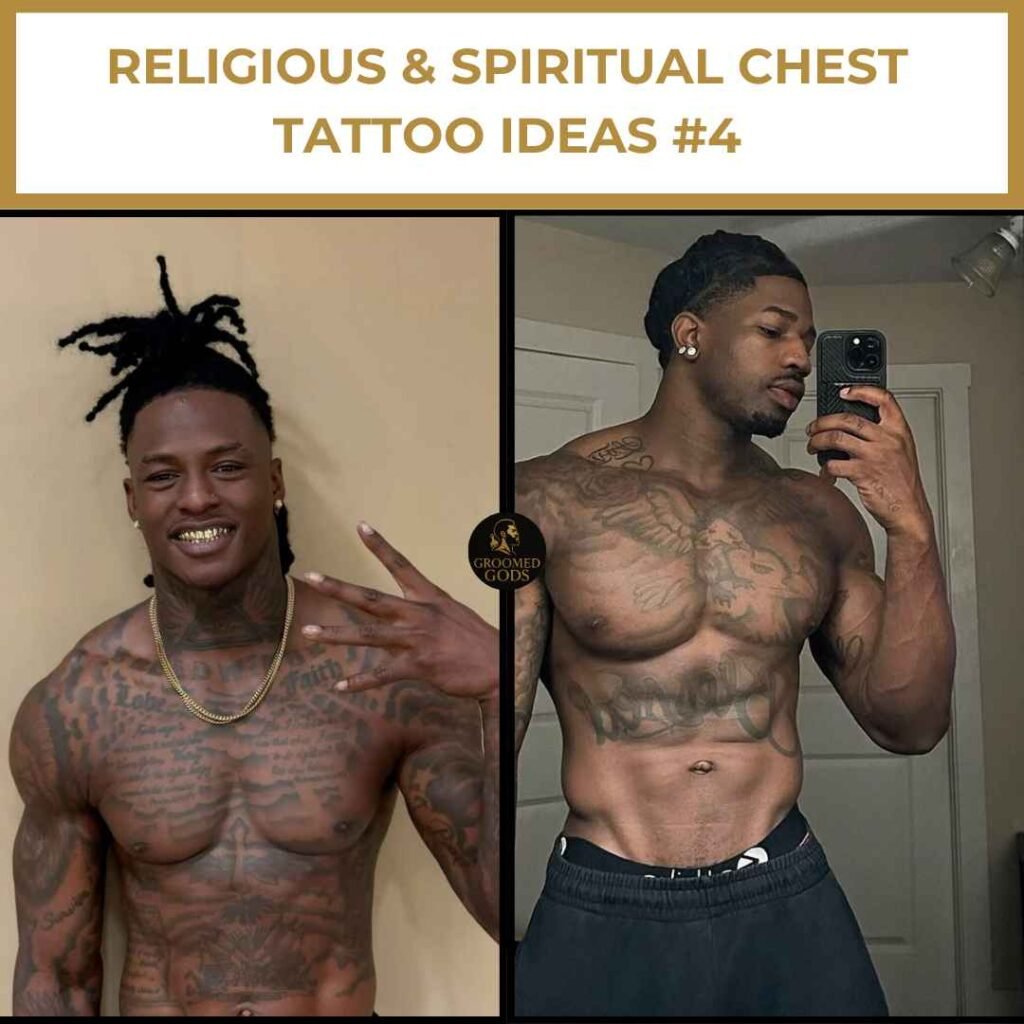 Religious & Spiritual Chest Tattoo Ideas #4 Two men showing religious and spiritual chest tattoos with bold lettering and cross designs.