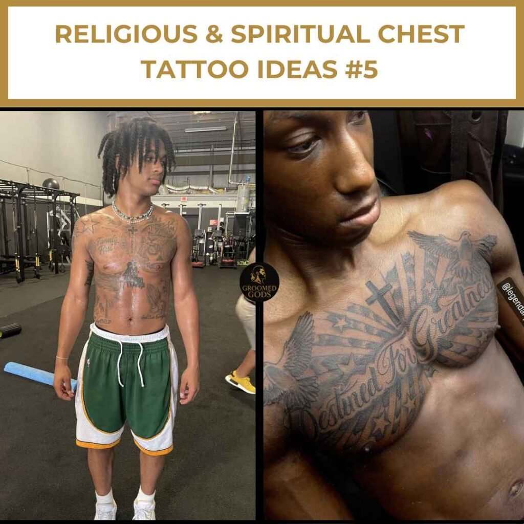 Religious & Spiritual Chest Tattoo Ideas #5 Skyy Clark and another man with religious chest tattoos featuring crosses, doves, and bold lettering.