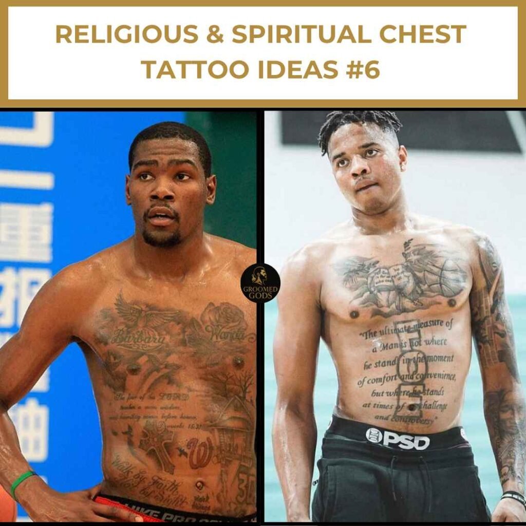 Religious & Spiritual Chest Tattoo Ideas #6 Kevin Durant and Markelle Fultz showing religious and spiritual chest tattoos with detailed lettering and symbols.