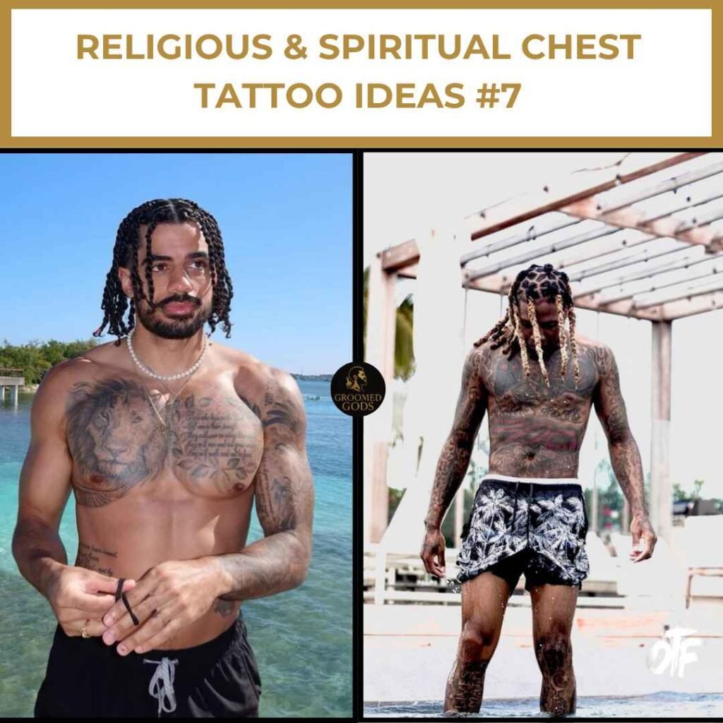 Religious & Spiritual Chest Tattoo Ideas #7 Two men with religious and spiritual chest tattoos featuring symbolic lettering and artwork.