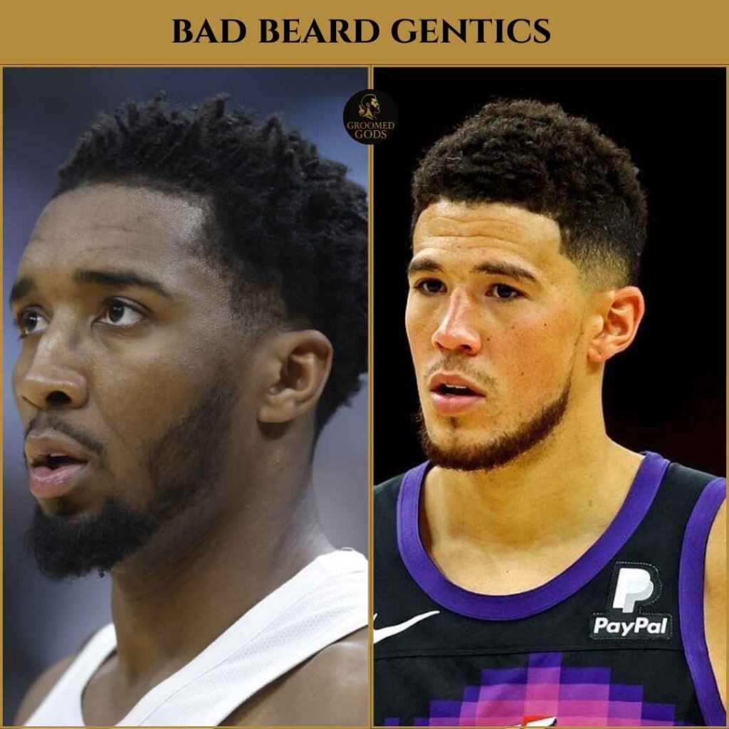 Bad Beard Genetics Examples – Donovan Mitchell & Devin Booker Donovan Mitchell and Devin Booker showing patchy and uneven beard growth, examples of bad beard genetics in Black men