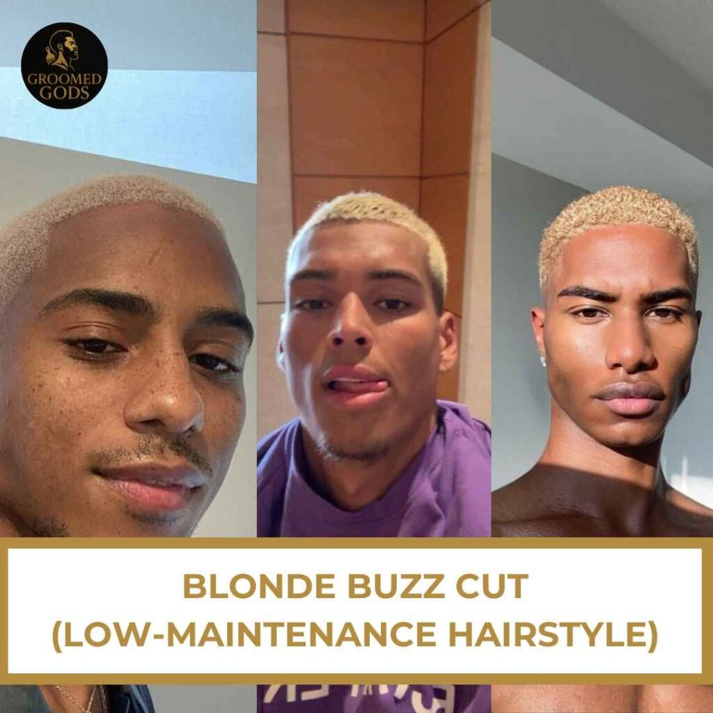 Three Black men wearing a blonde buzz cut, a low-maintenance hairstyle option for Black men.